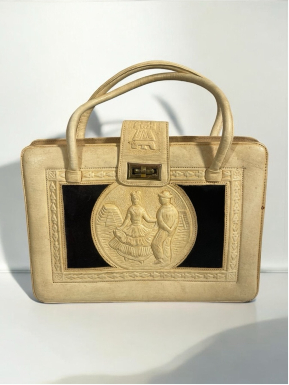 Vintage Mexican Tooled leather Shoulder Handbag lovers Dancing Mayan Calendar